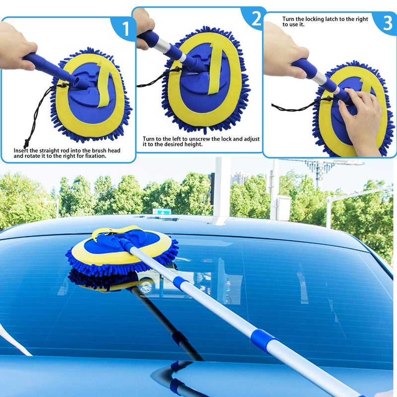 LeeLoon 2 in 1 Microfiber Car Wash Mop Mitt with 45" Aluminum Alloy Long Handle,Chenille Car Cleaning Kit Brush Duster with Scratch Free for Washing Car/Truck/RV,2 Mop Head and 1 Towels and Air Vent Duster - Image 2